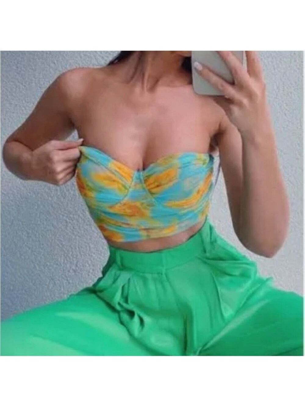 ZARA - TULLE MESH CORSET FLORAL CROPPED TOP green yellow blue neon Sz Large